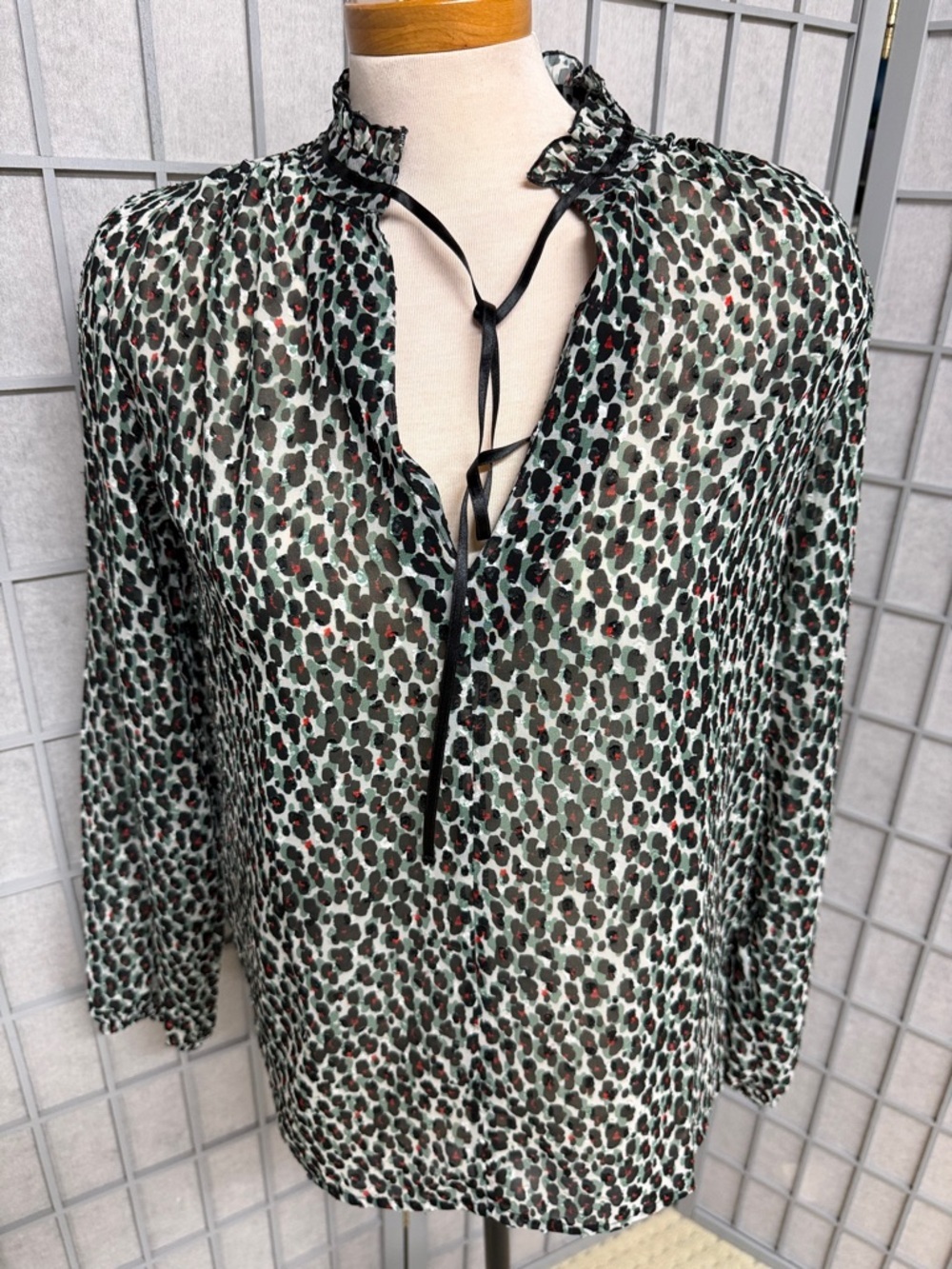 Tristan Green and Black Leopard-Print Tie-Neck Blouse